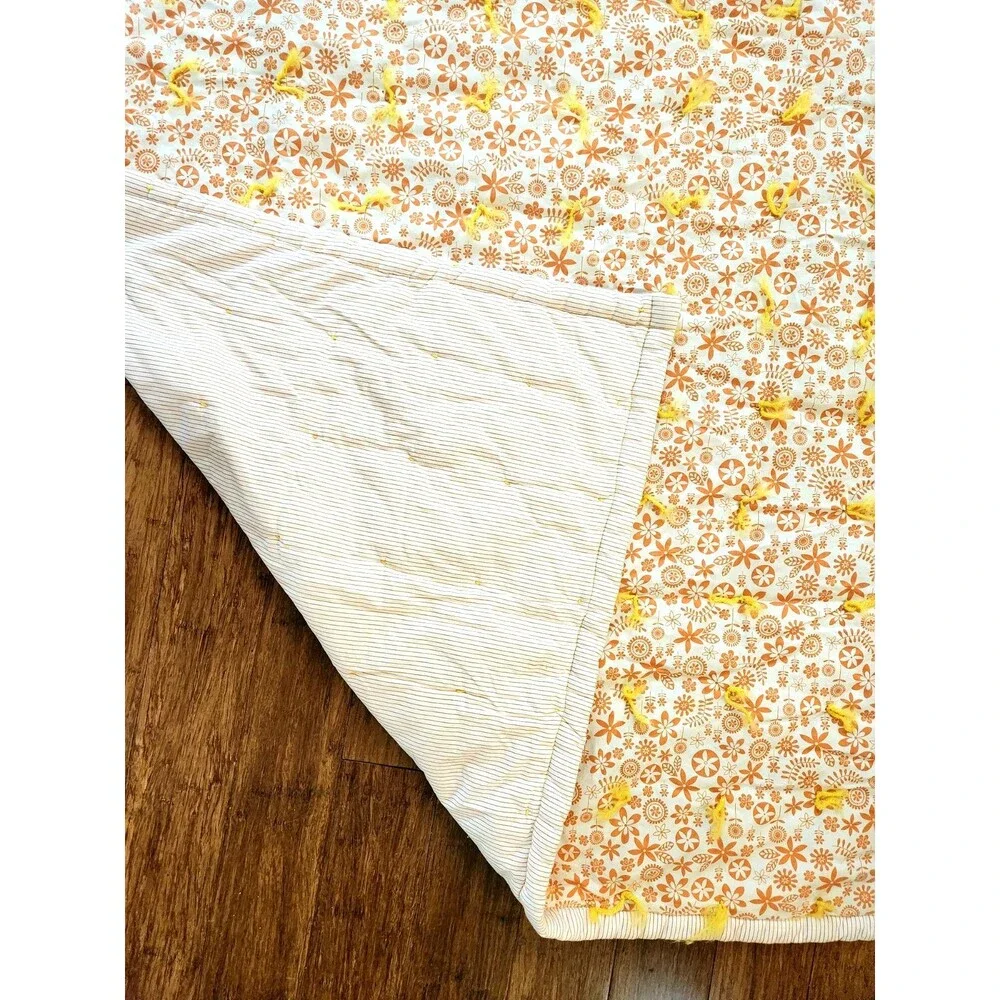 Handmade Baby Quilt Blanket Comforter White Orange Hand Tied Floral 52